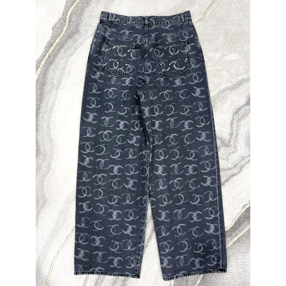 Chanel 23B Runway Black Denim White CC Printed Logo Baggy Oversized Jeans 36 - Picture 7 of 11